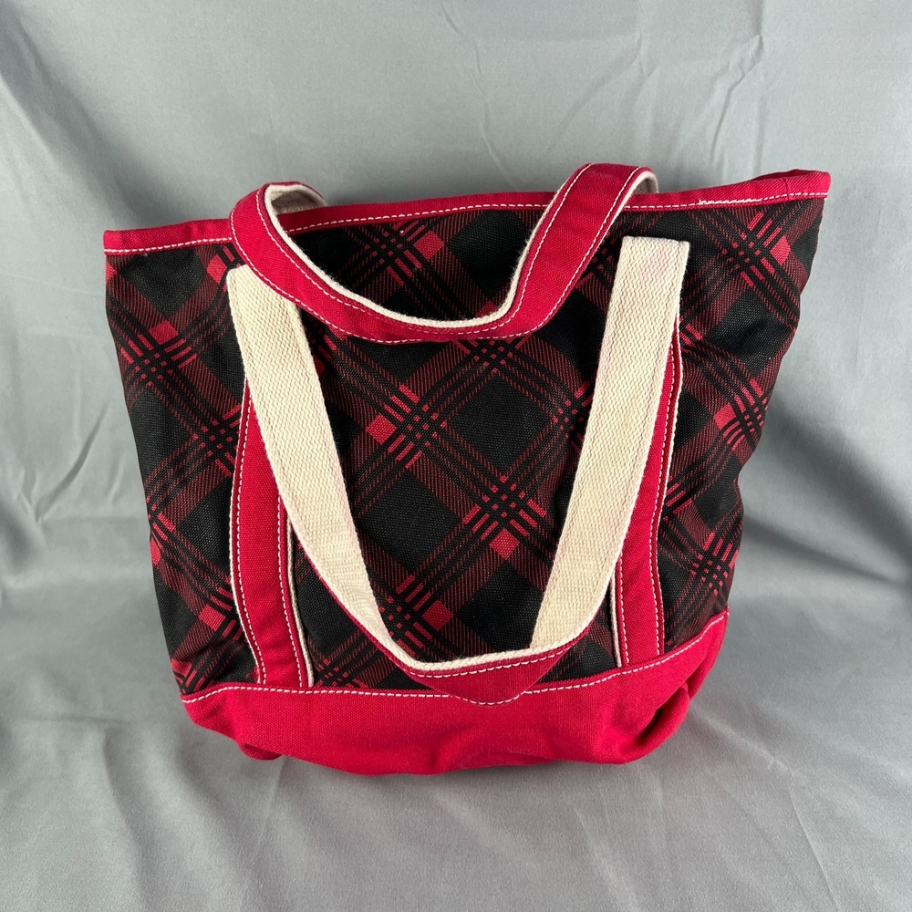 Lands' End Canvas Tote Bag Womens Black Red Plaid Cotton Double Handle Travel